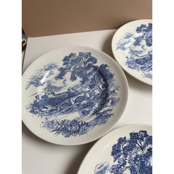 Vintage Wedgwood Dinner Plates Set of 4 Blue Transferware "Countryside" Pattern - Picture 2 of 9